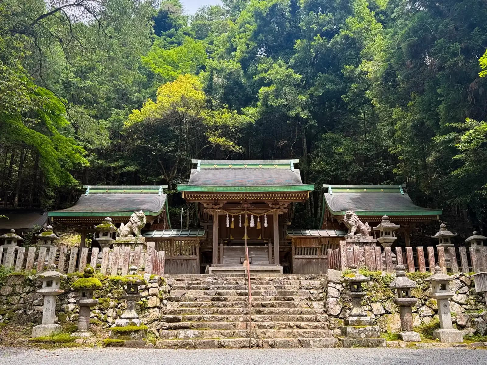 The heart of the shrine: the main hall at center, flanked by two side halls with copper-green roofs, guarded by a pair of komainu and approached by moss-flecked stone steps. Per the shrine's own board, the main hall enshrines Uka-no-Mitama, with the wind and fire kami in the halls to either side.